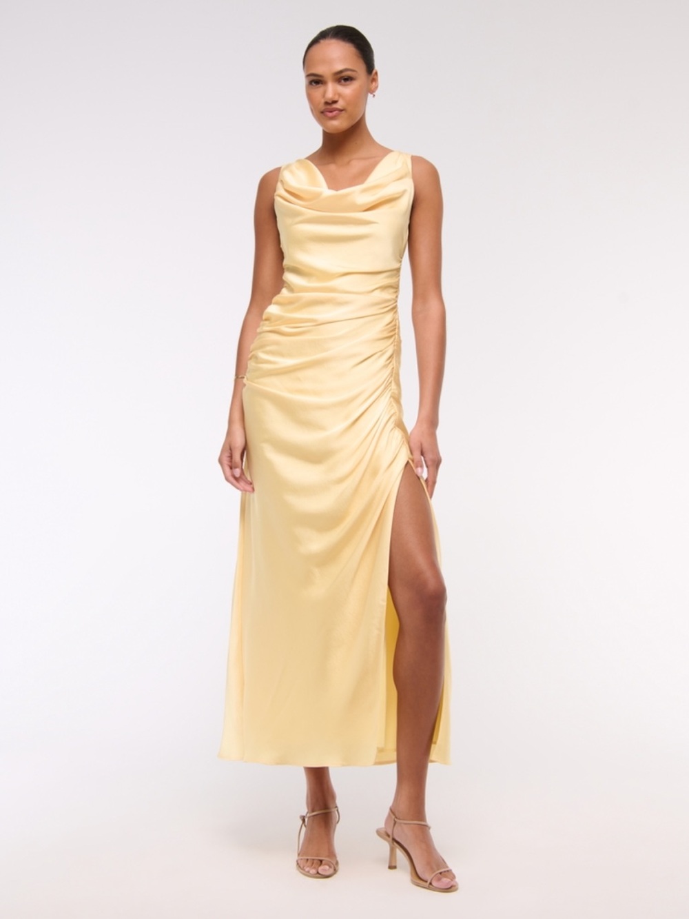Elegant Yellow Cowl Neck Draped Satin Dress with Side Ruched Slit